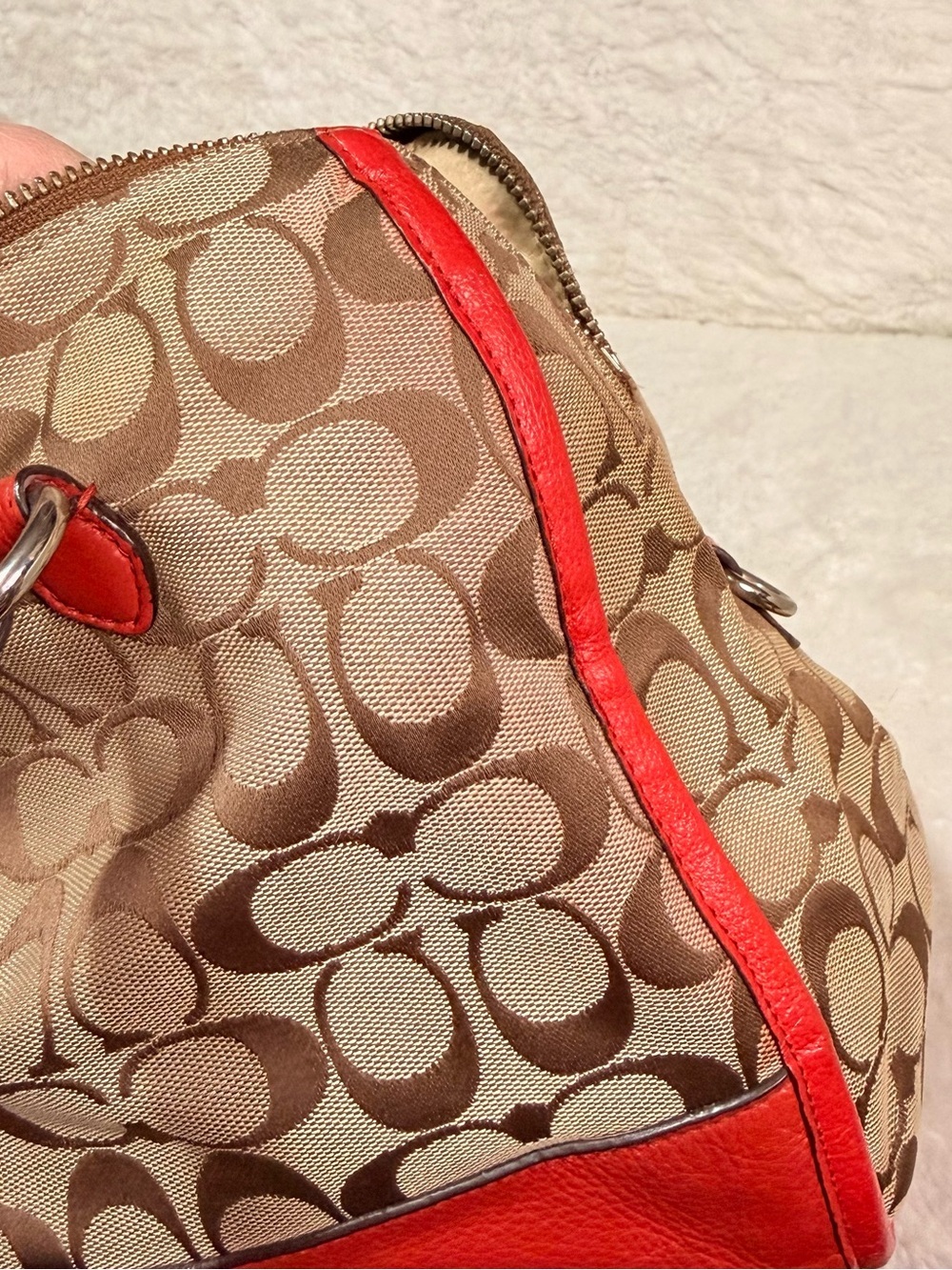 Coach Beige Signature Canvas Satchel with Red Leather Trim - Picture 16 of 16